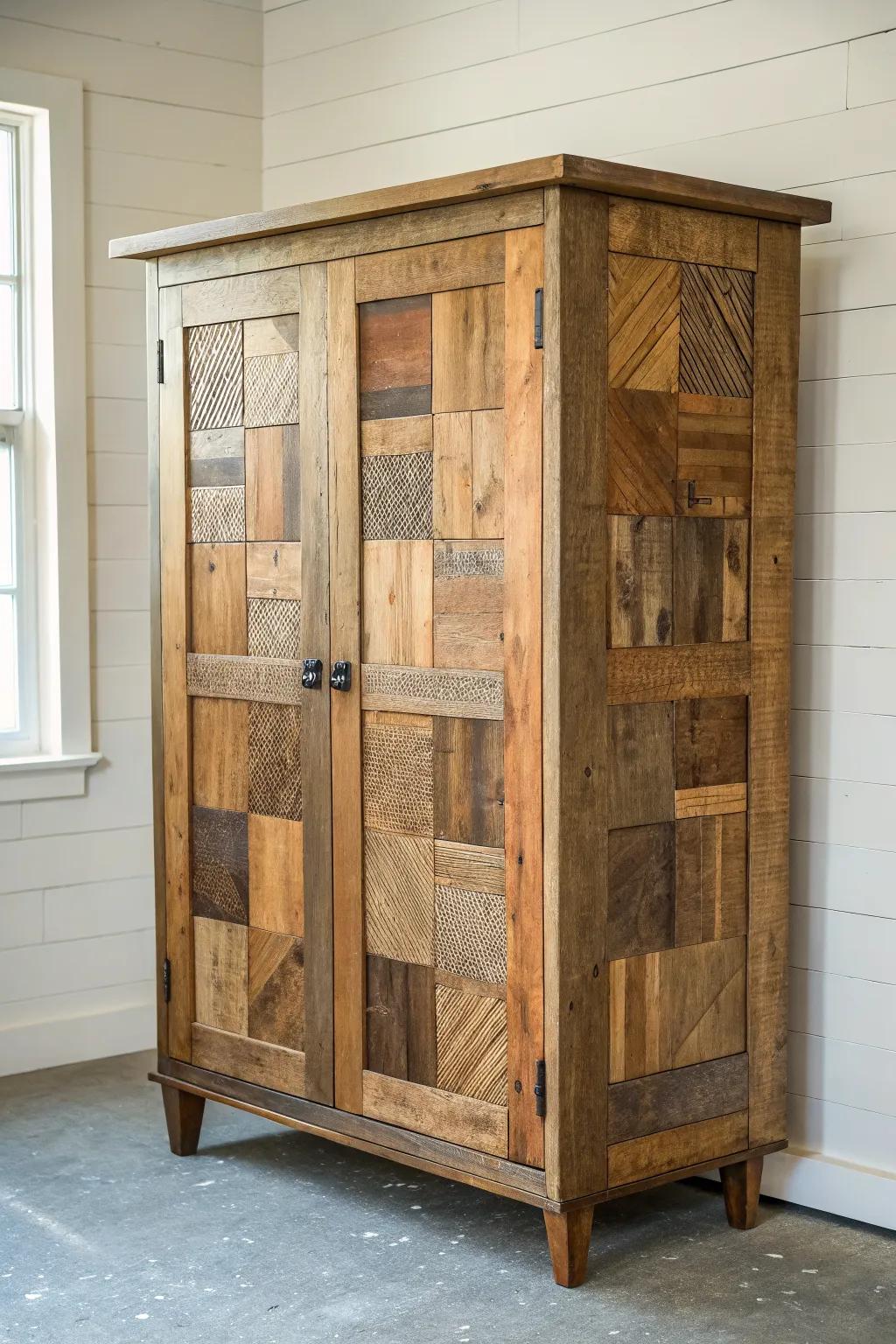 Patchwork cabinet doors from salvaged panels—clean lines, warm tones, rustic charm.