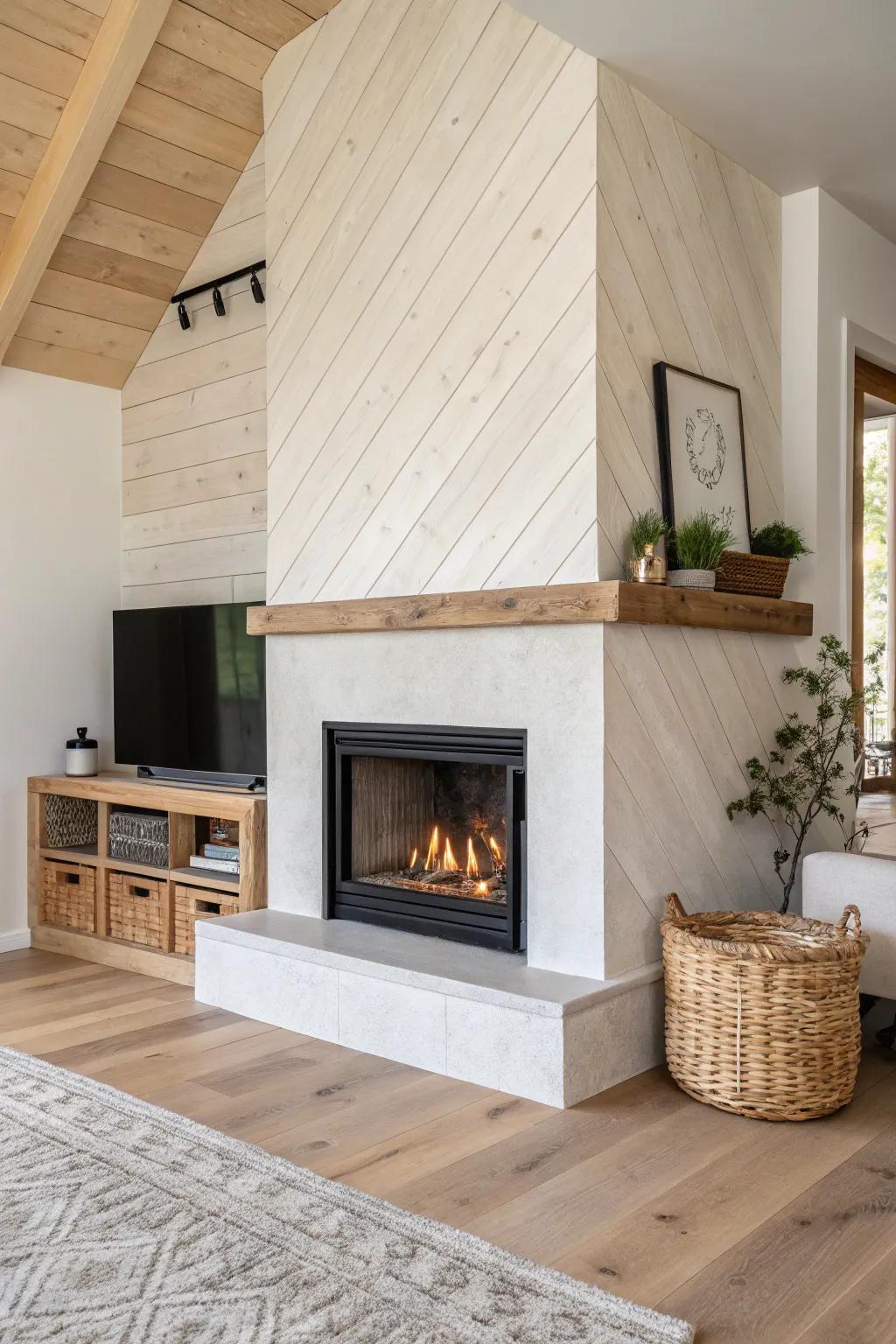 Diagonal corner bump-out fireplace: better sightlines, warm oak texture, clean Scandinavian charm.
