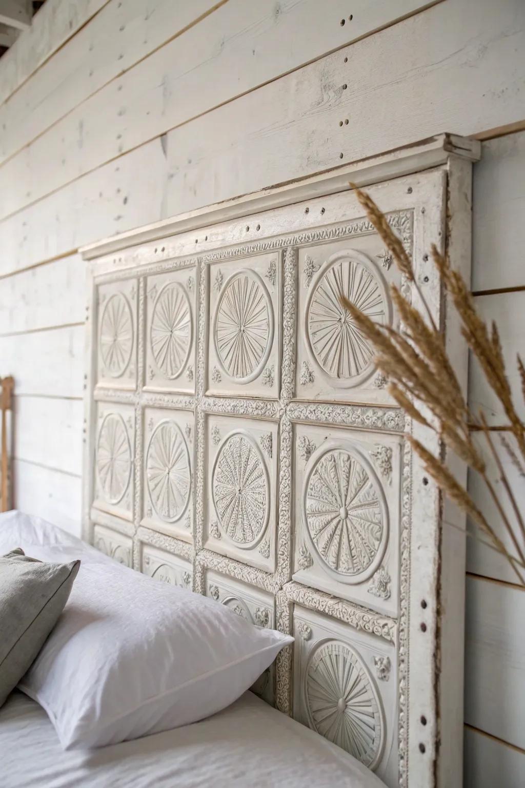 Reclaimed tin panel backdrop adds farmhouse texture—soft light, high contrast, artisan charm.