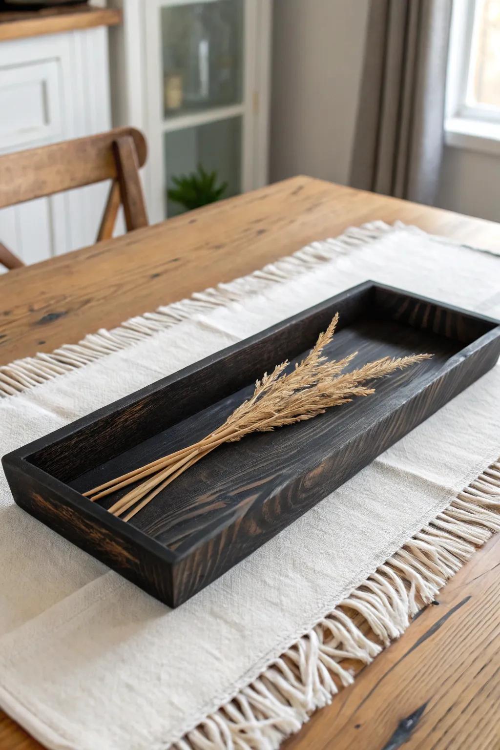 Moody rustic drama: a charred wood accent that glows against soft, light linens.