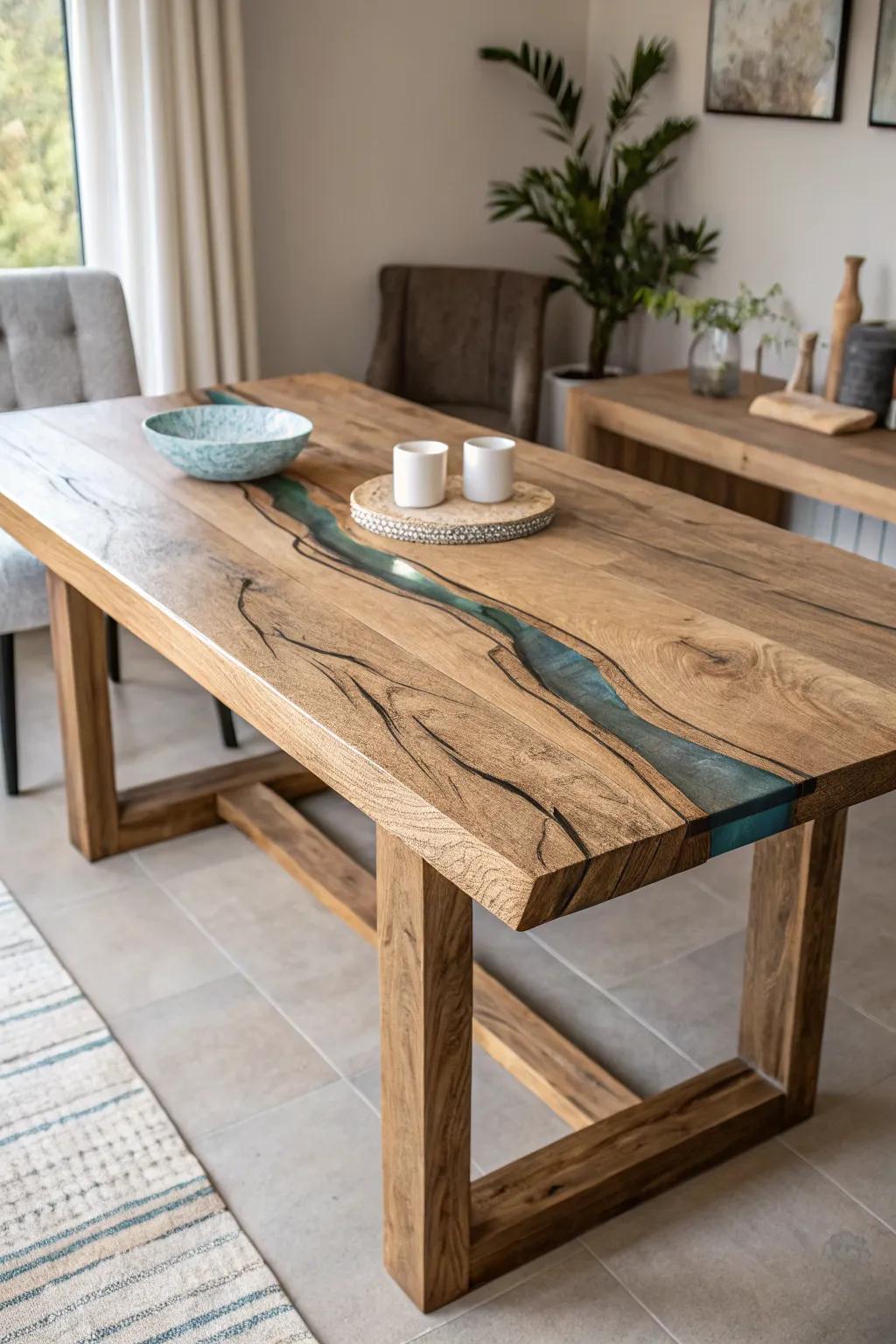 Reclaimed boards meet a slim resin river—rustic texture, modern calm, totally usable.