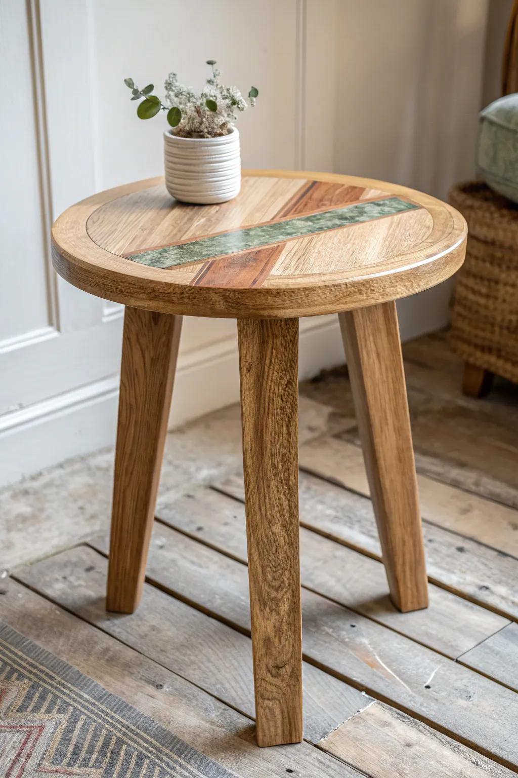 Rustic meets modern: an oak side table with a thin resin inlay in sand, rust & moss tones.