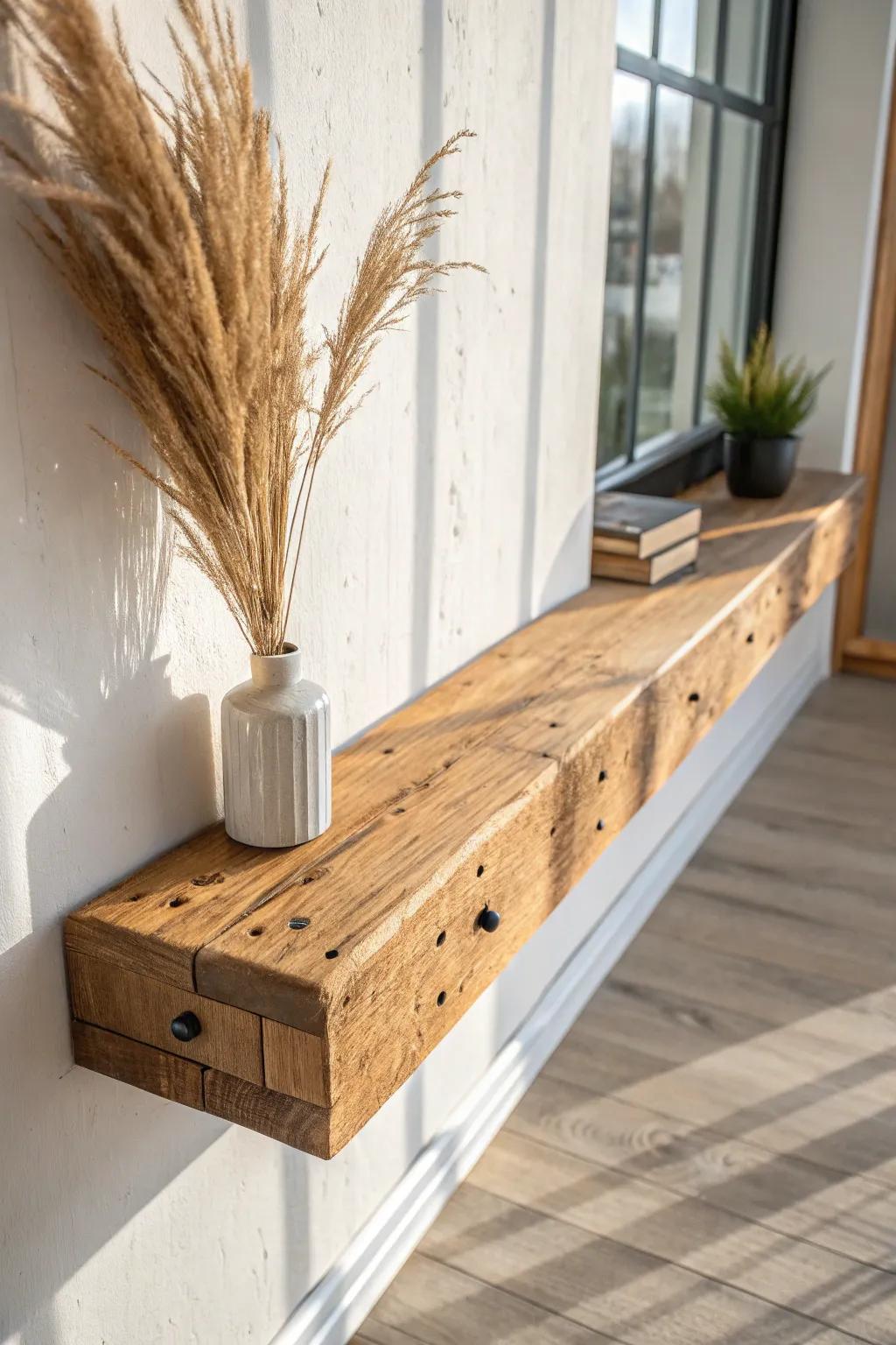Reclaimed bowling-lane wood shelf—tight grain, nail plugs, and timeless game-room charm.