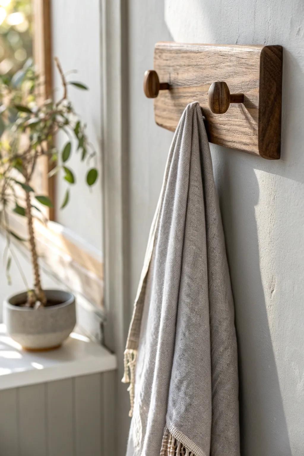 Handmade brown wood hook meets soft grey linen—practical rustic styling with calm Nordic contrast.