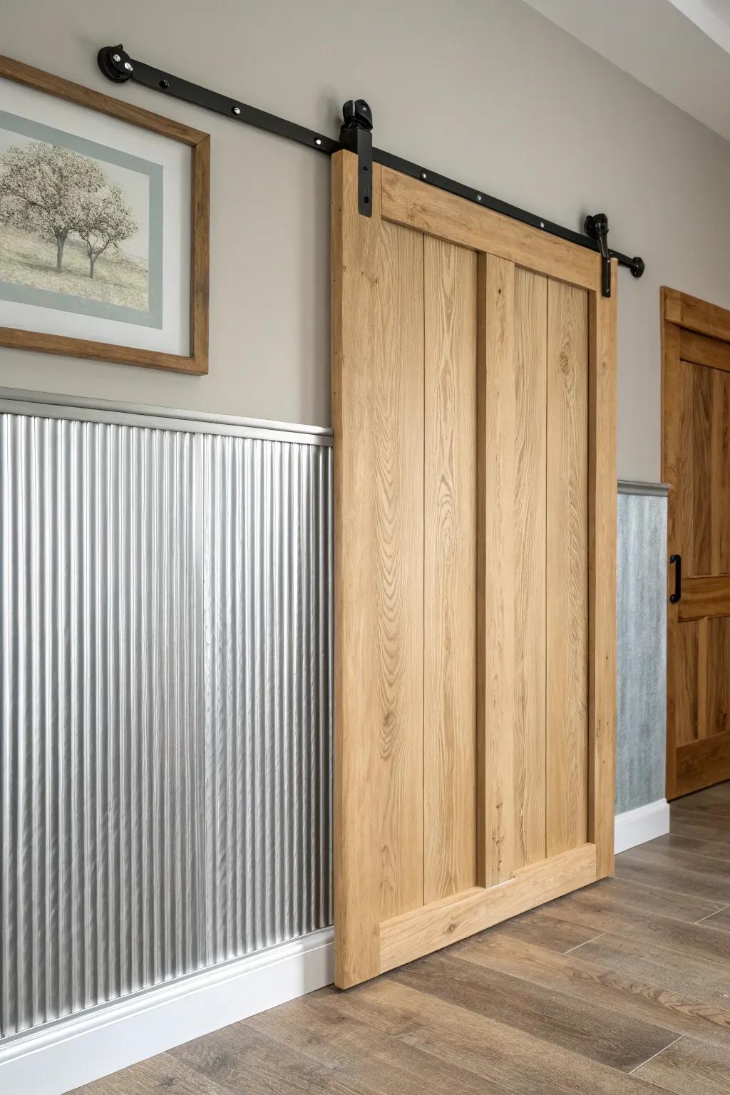 A sliding oak barn frame reveals embossed tin—minimal, rustic wall art with a wow moment.