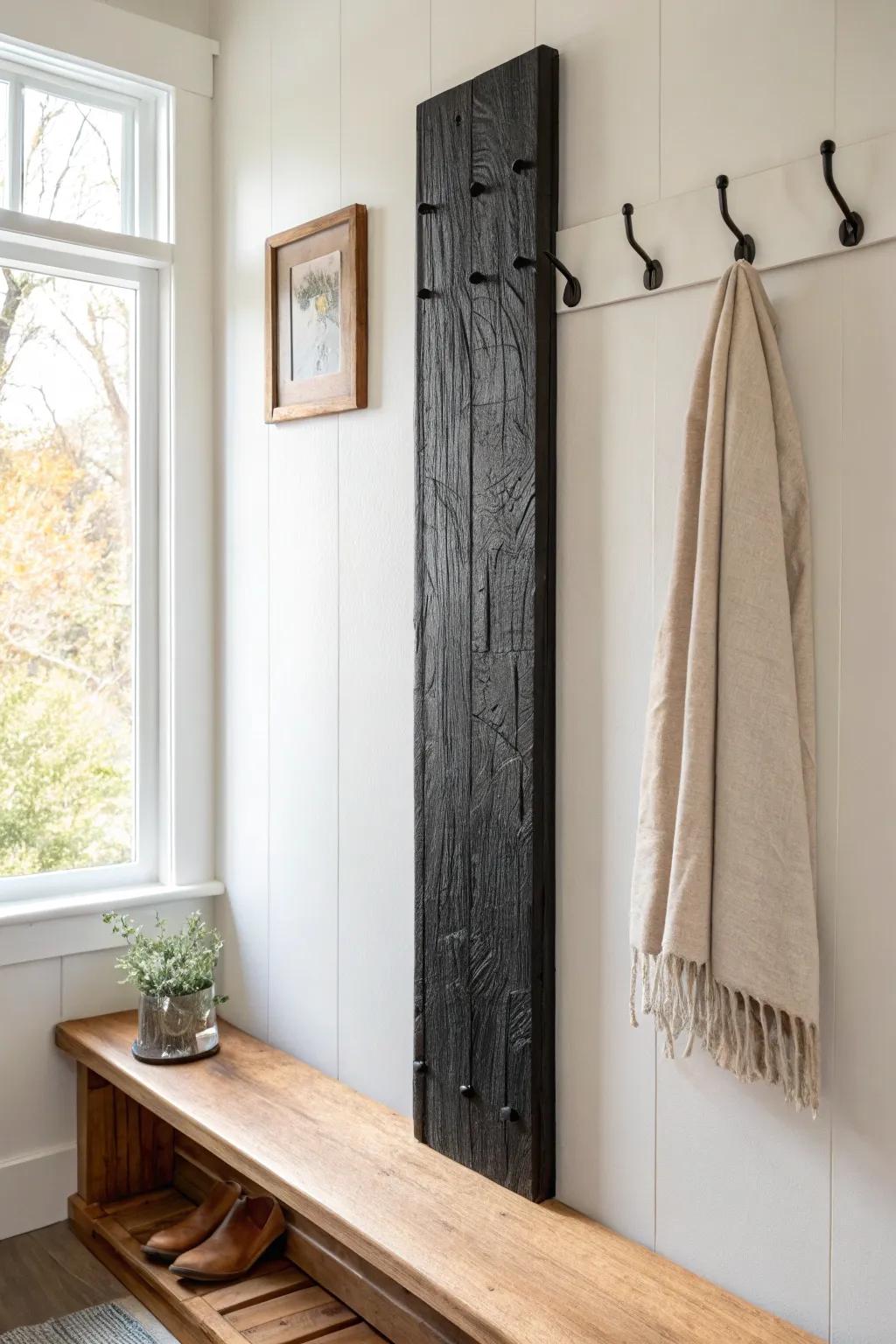Charred wood panel behind hooks for a bold rustic hallway moment—dark texture, light wall contrast.