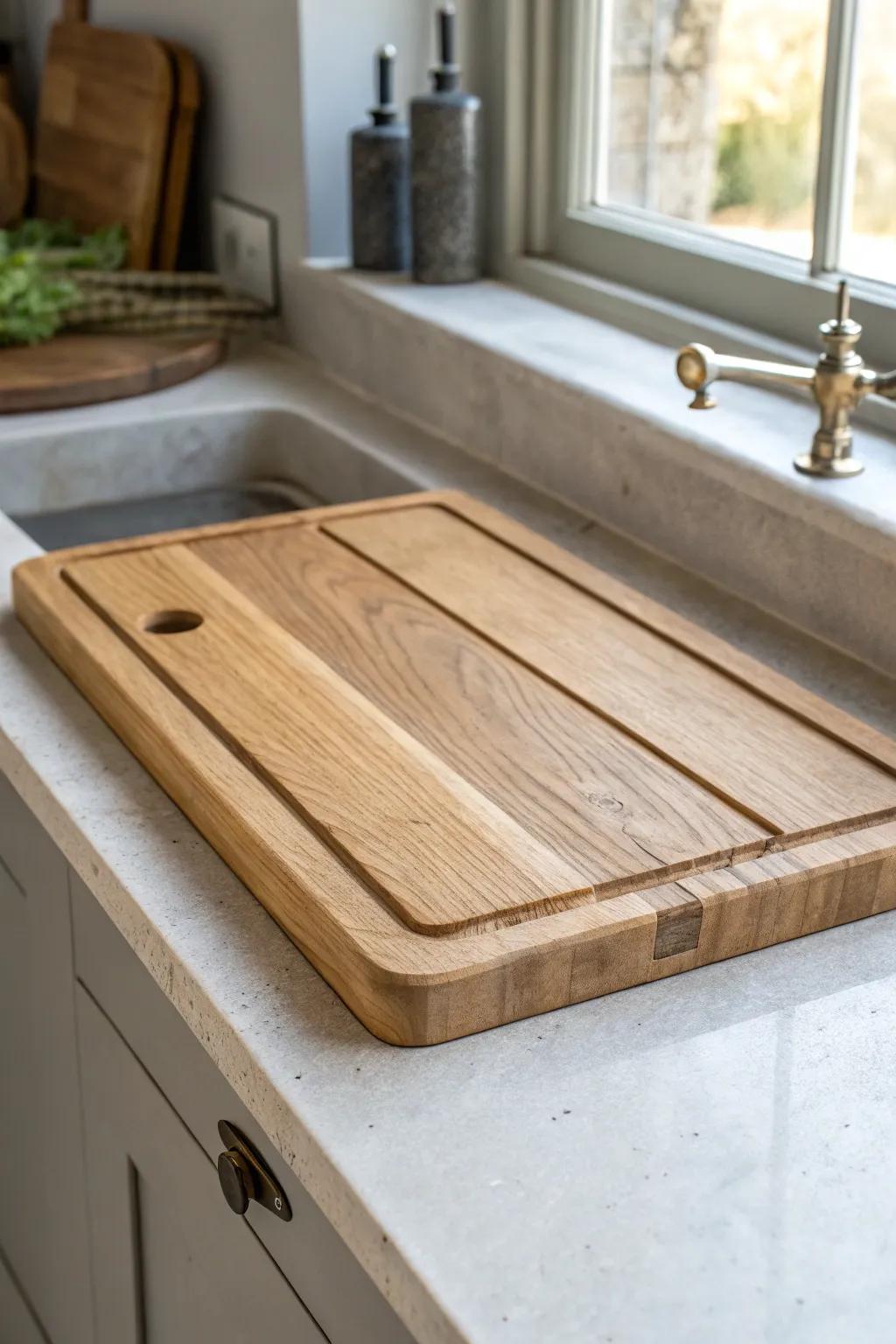Reclaimed oak sliding sink cover—rustic warmth that instantly creates extra prep space.