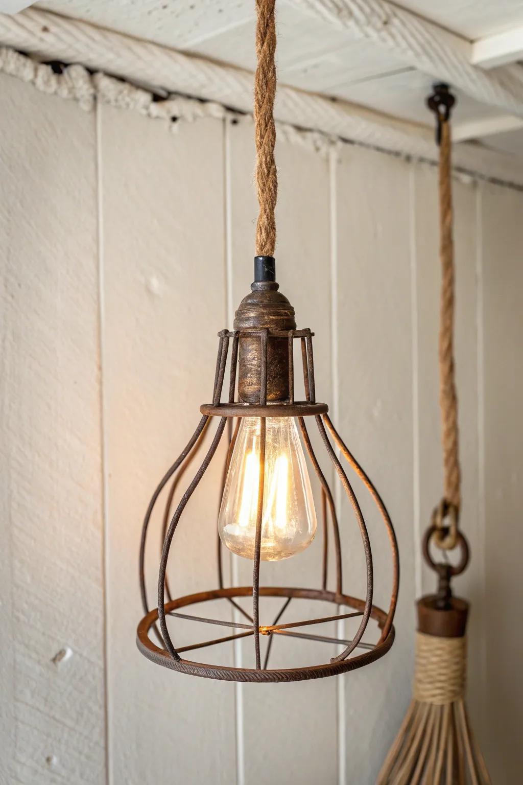 Vintage tool pendant shade—rustic patina, warm glow, and clean Scandinavian simplicity.
