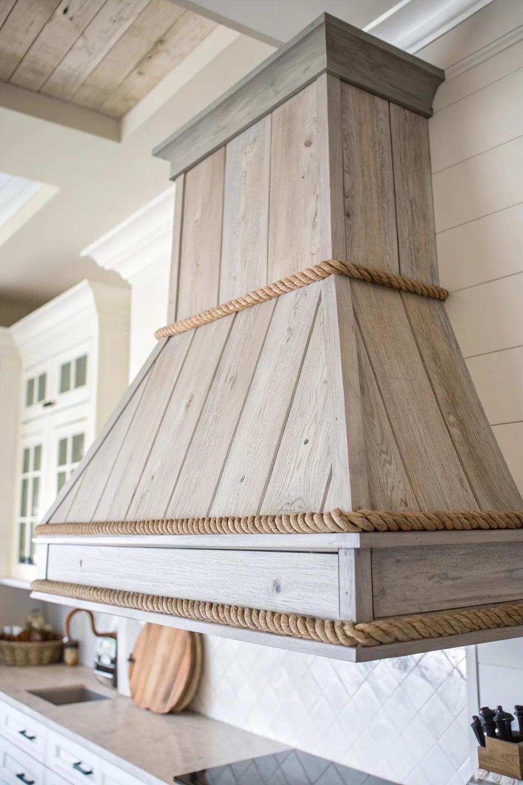 Driftwood + rope-trim range hood: a coastal rustic statement with calm Scandinavian lines.