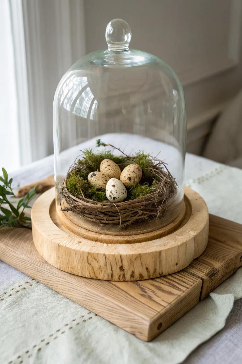 Rustic spring charm: a glass cloche nest display elevated on a handcrafted wood riser.