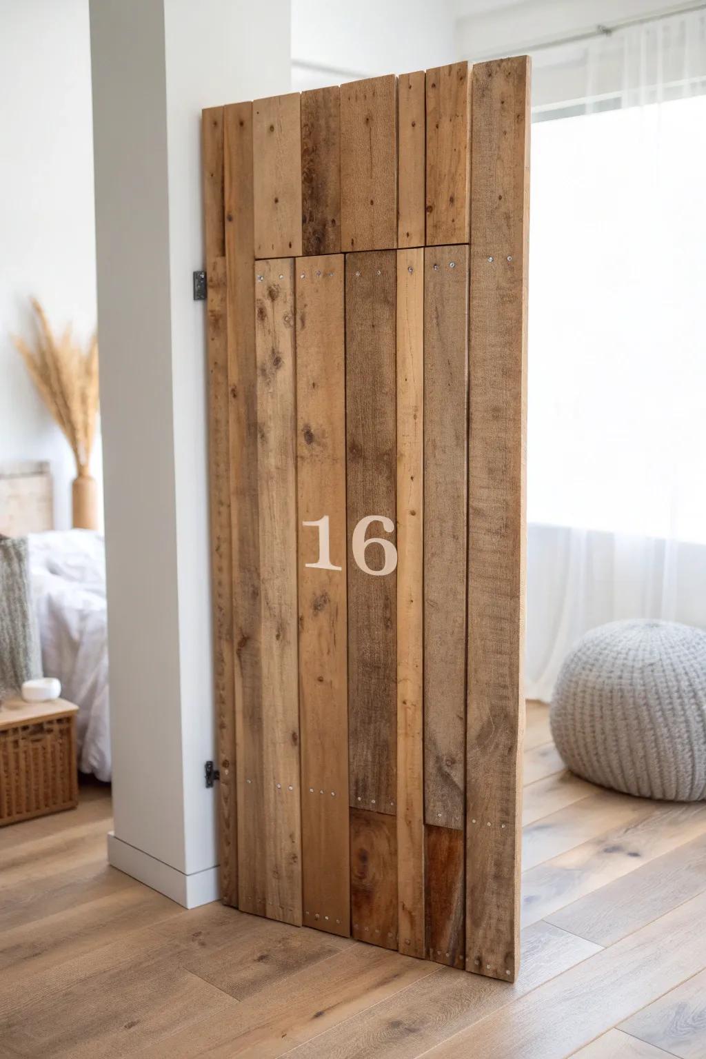 A pallet-wall surprise: flip the boards to reveal a hidden “16” message in wood.