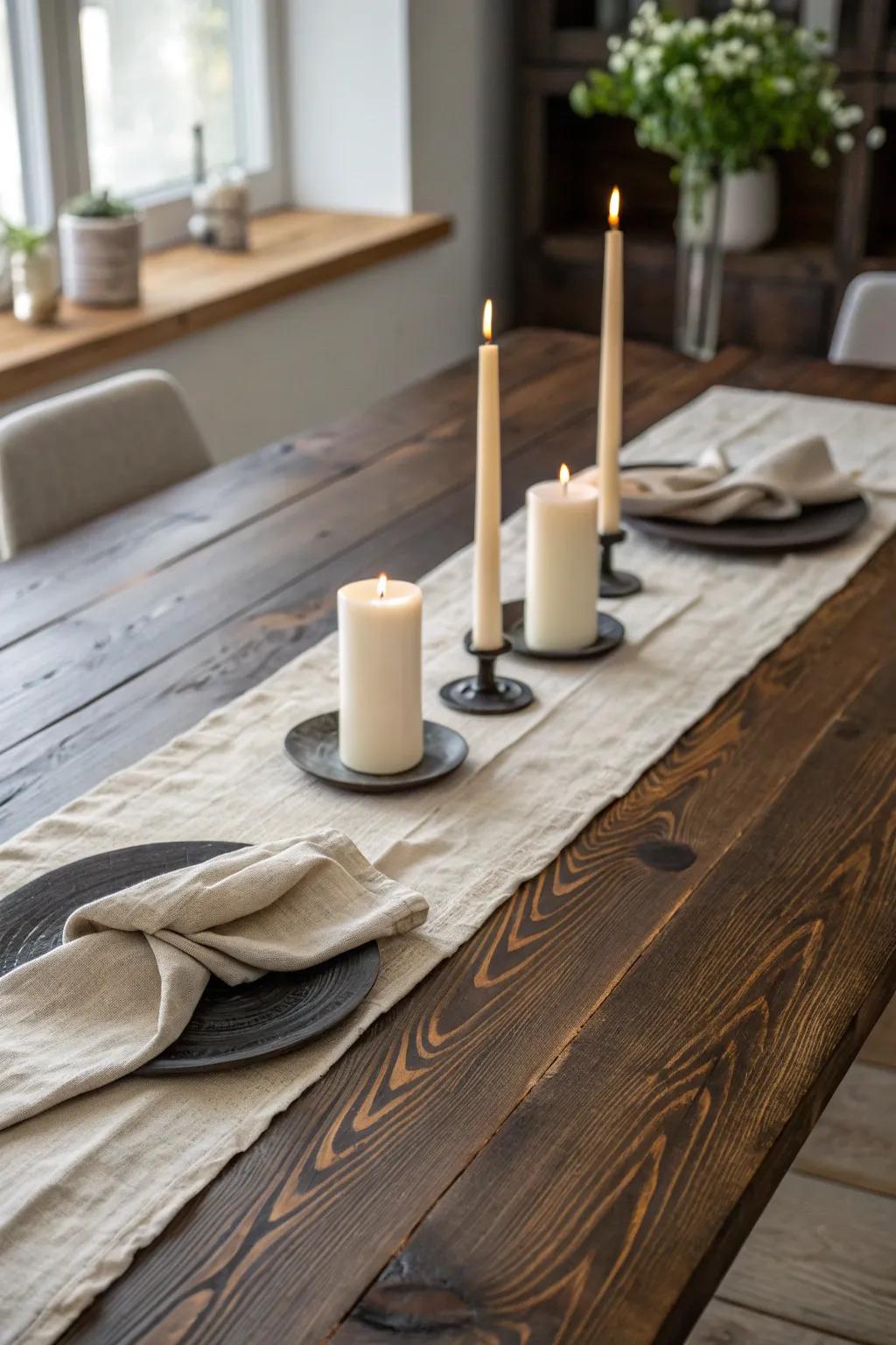 Moody charred wood meets creamy linens and warm candlelight for a modern rustic tablescape.