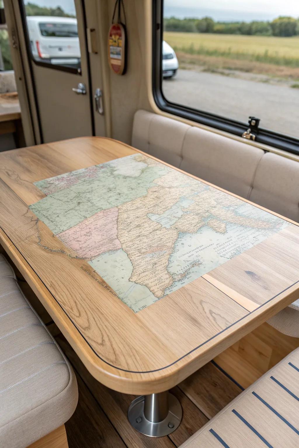A map-inlay RV tabletop—your favorite routes and memories preserved under a clear finish.