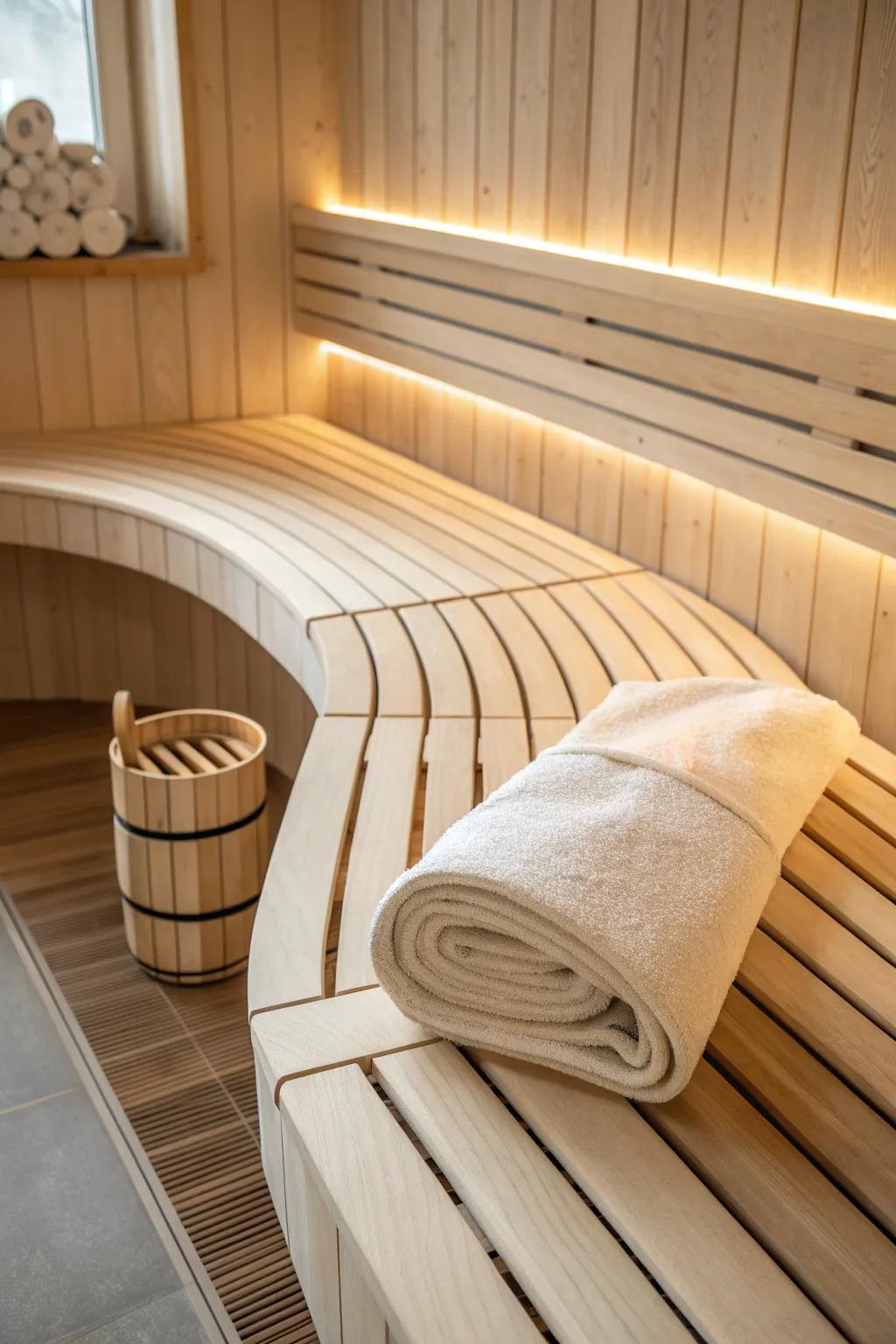 Curved sauna benches add a soft, custom look—ergonomic lines and craftsmanship in warm wood.