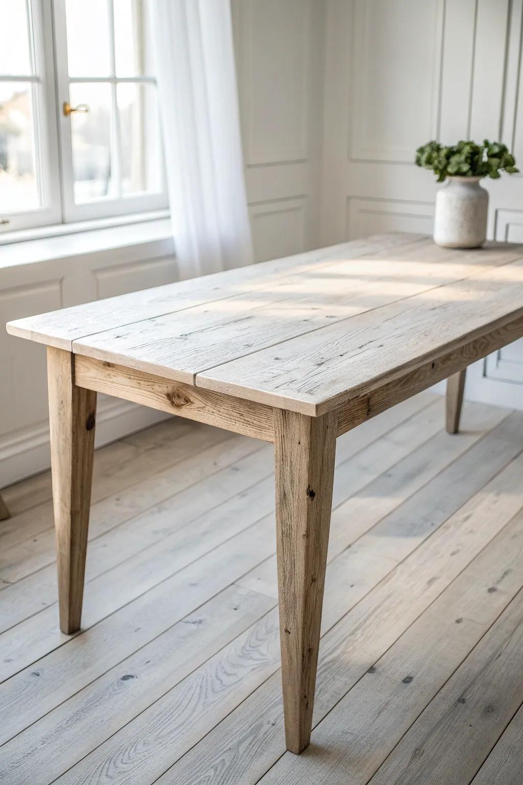 Reclaimed wood, pale-wash finish—rustic character with a bright Scandinavian calm.