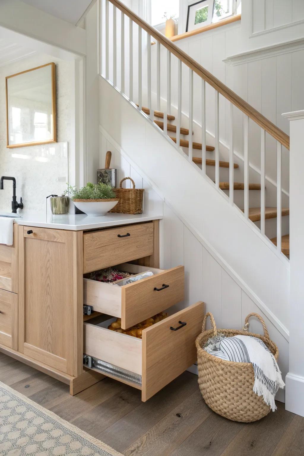 Turn the under-stairs nook into a chic mini prep kitchen with slim counters and pull-out storage.