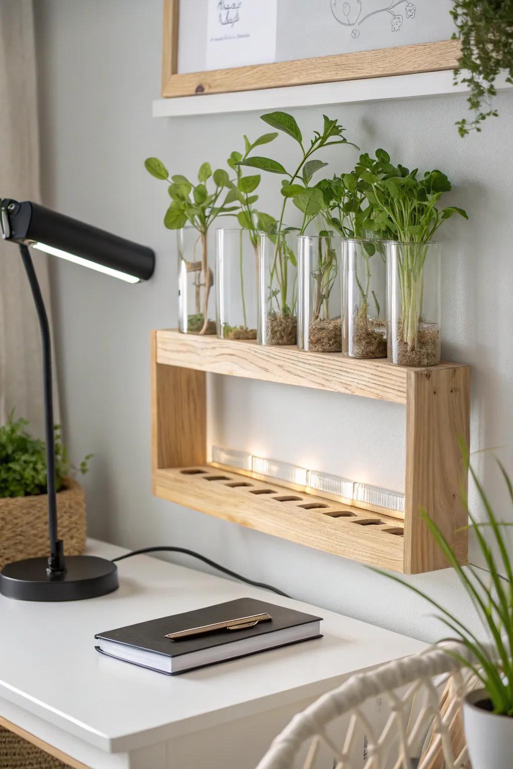 Light oak propagation shelf with a sleek grow light—fresh cuttings thriving above your desk.