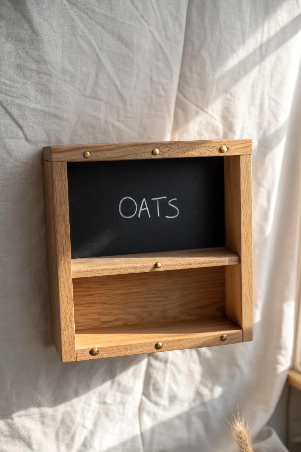 Chalkboard shelf fronts make pantry organizing feel charming—label each section with a simple note.