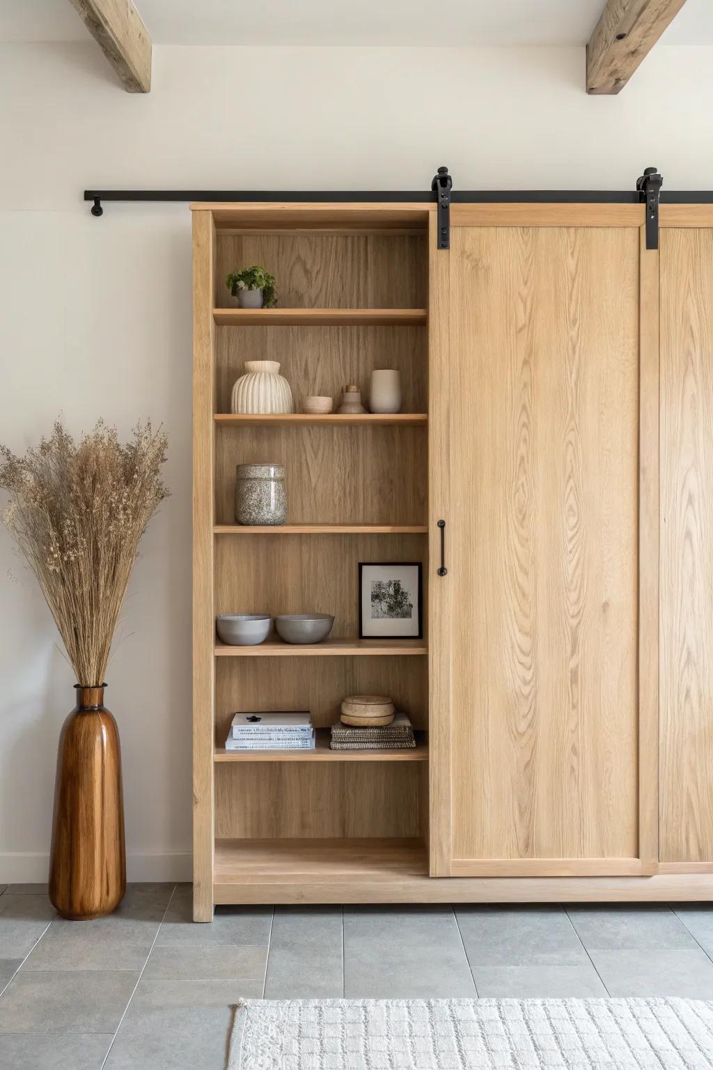 Sliding barn-door shelf cabinet: open display + hidden storage in warm, minimalist oak.