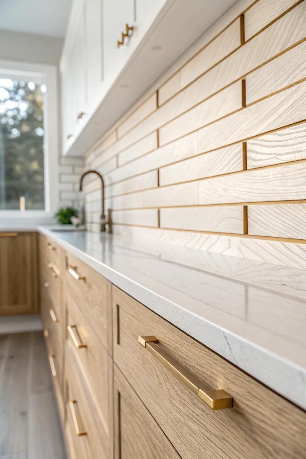 Warm oak shiplap with thin brass inlays—minimal, cozy, and subtly industrial.