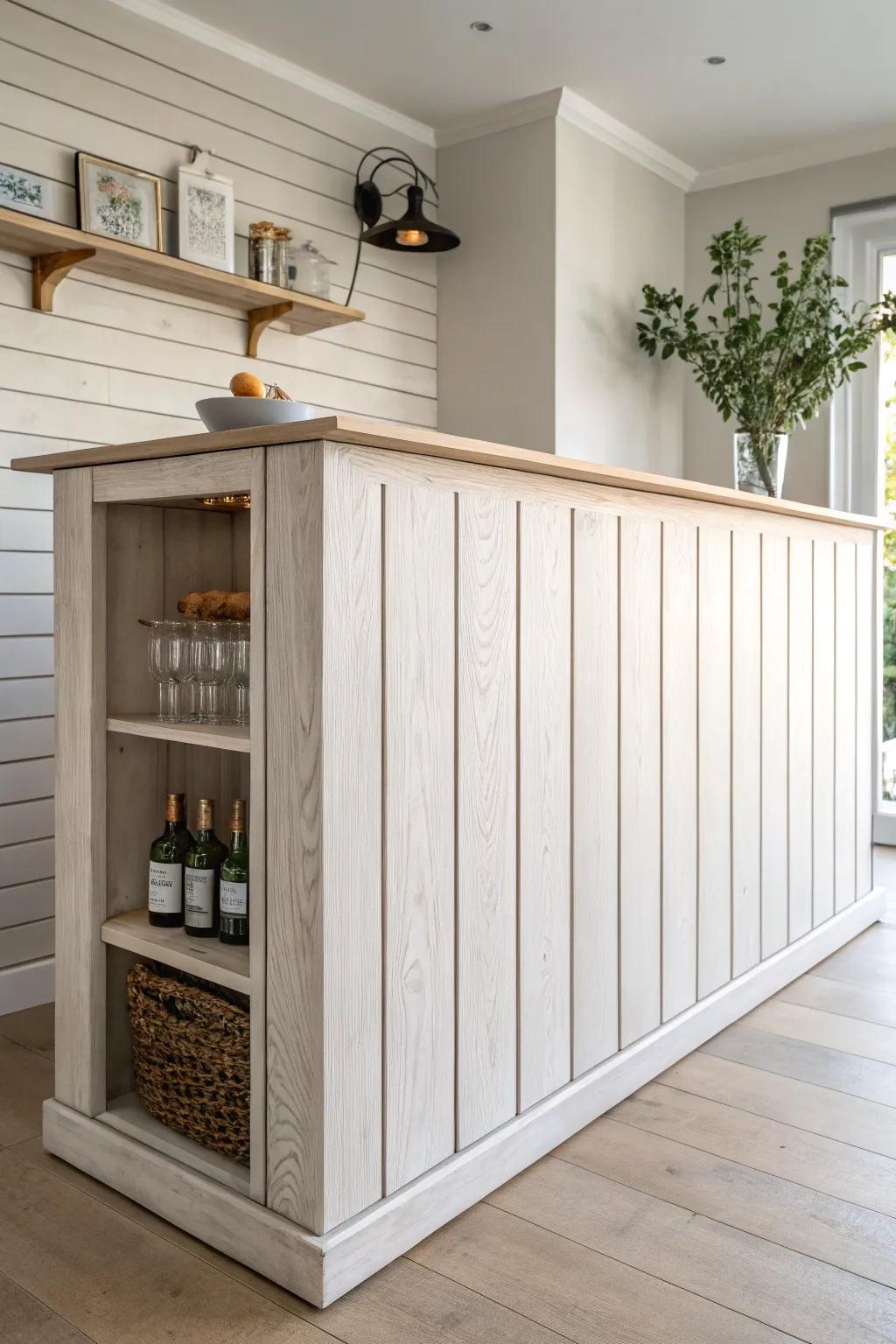 Hidden storage in a shiplap bar front—push-latch doors that vanish into clean shadow lines.