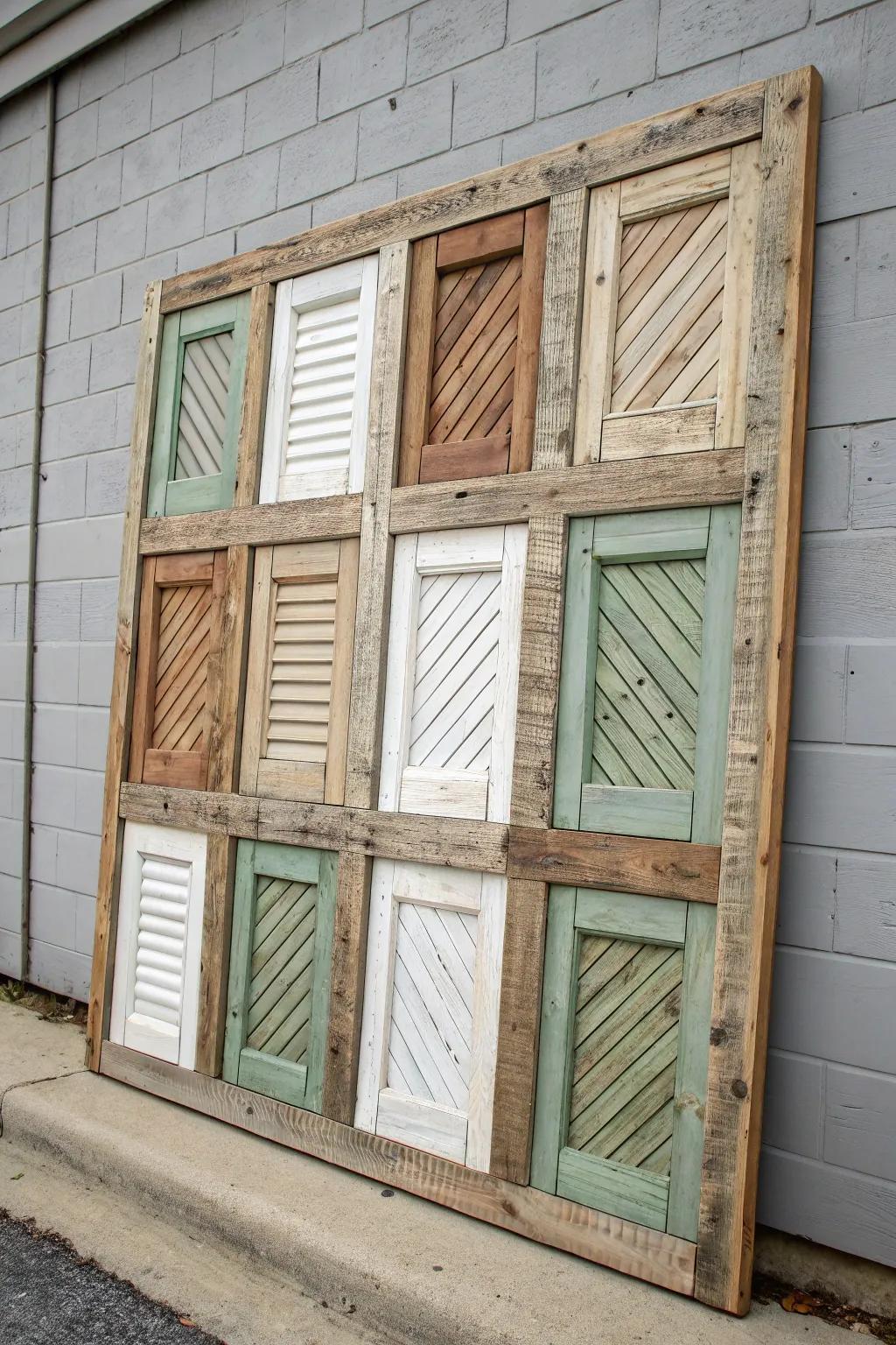 A curated shutter “wall quilt” mixing painted and raw wood for bold texture and calm contrast.