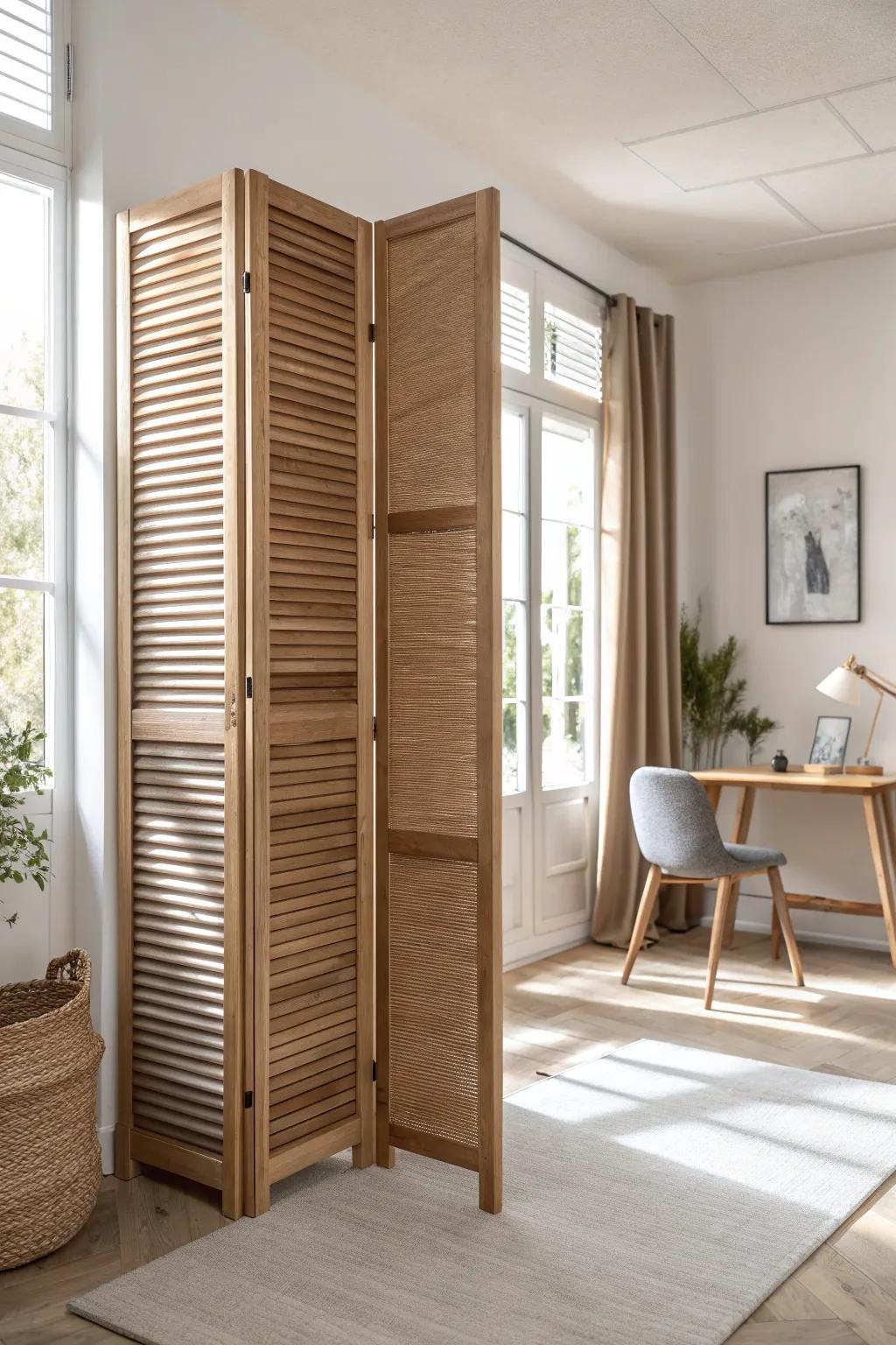 Light oak shutter divider that hides a desk nook while keeping your living room airy and bright.