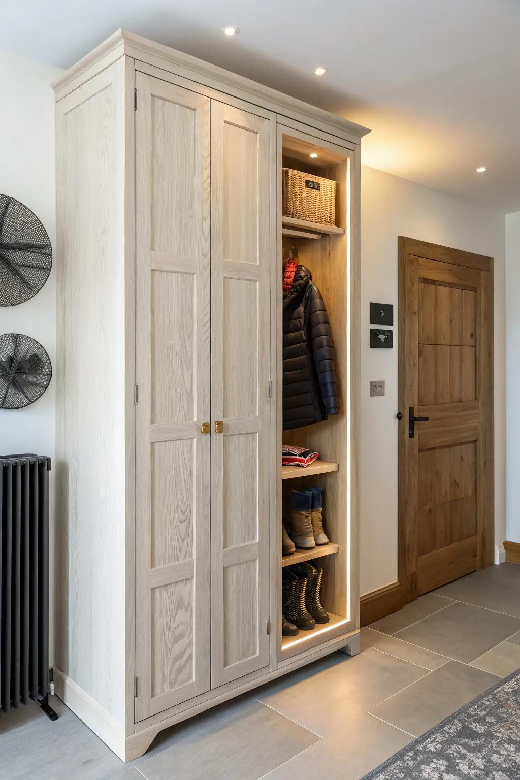 A hidden slatted-wood drying cabinet keeps ski gloves warm, dry, and beautifully out of sight.