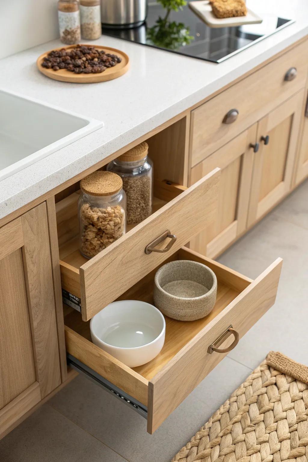 A slim pull-out cabinet keeps pet food, scoops, and bowls tidy—beautifully hidden away.