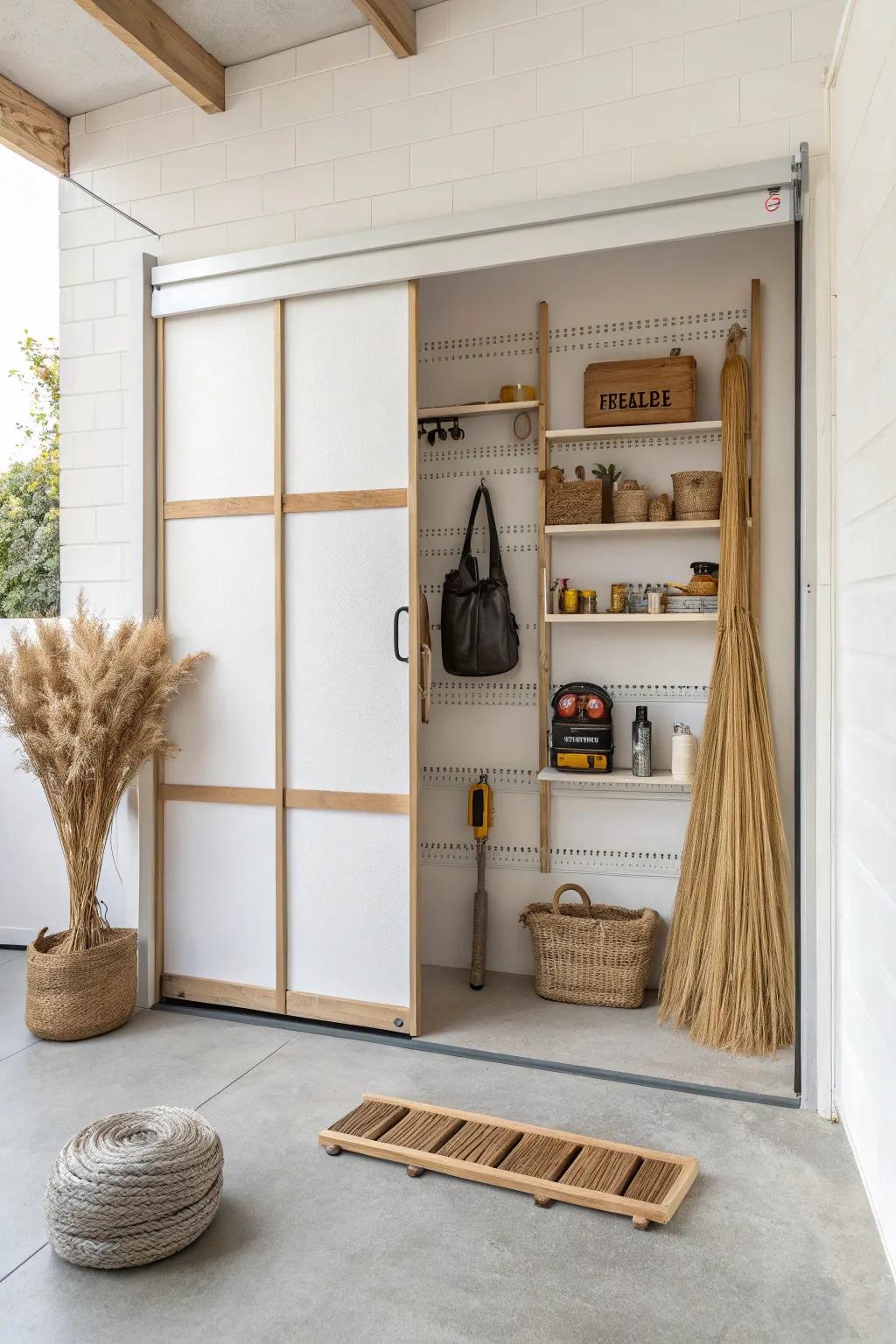A sliding slatwall panel reveals hidden shelves—sleek, secret storage with warm wood charm.