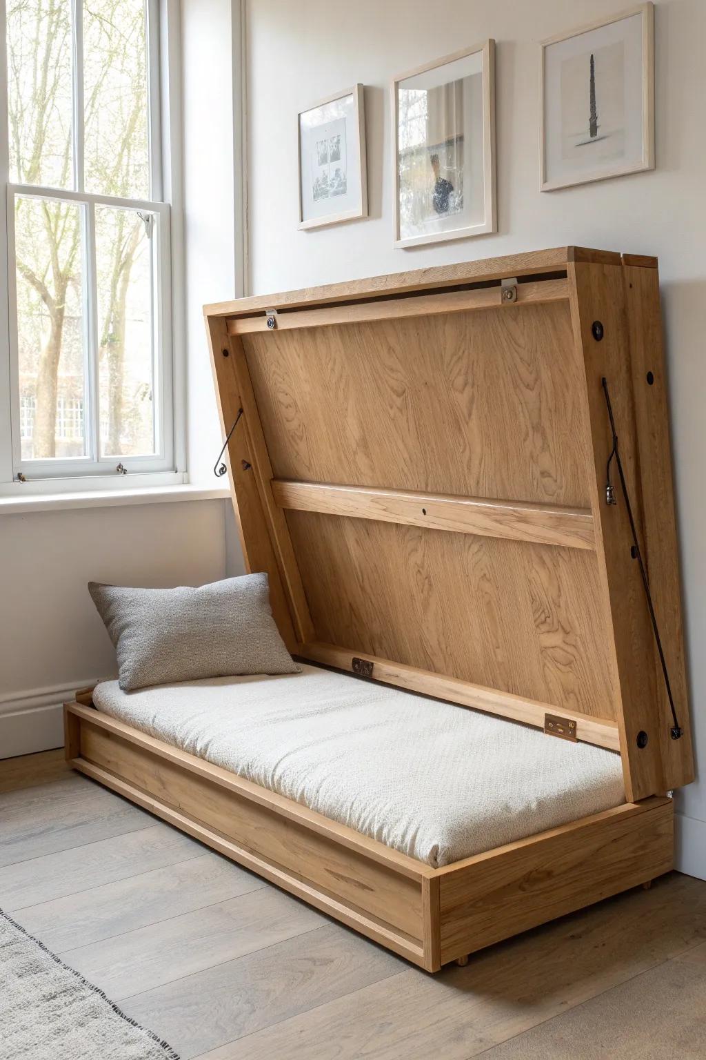 Fold-up loft bed becomes a sleek oak bench—free floor space by day, cozy sleep by night.