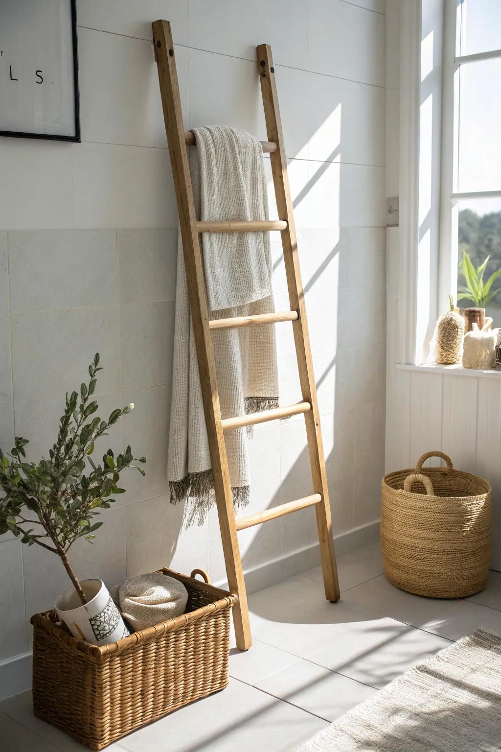 Anchored wood leaner ladder brings vertical towel and basket storage to tiny bathrooms.