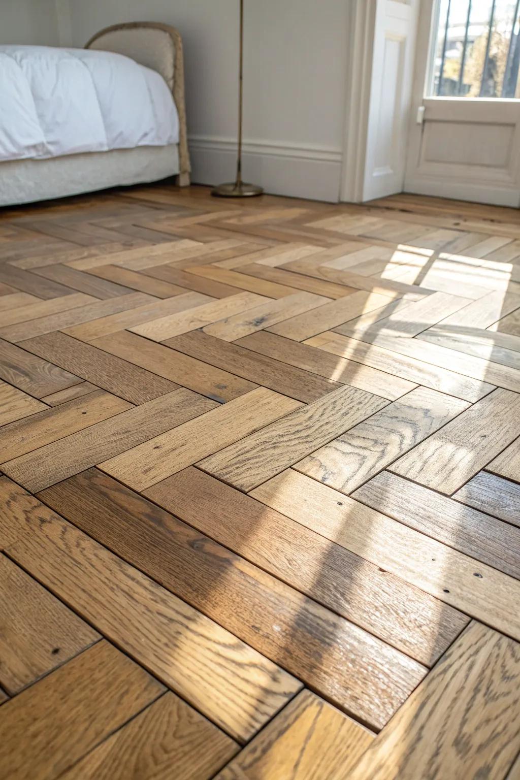 Warm neutral patchwork planks—an offcut-friendly floor that makes a small bedroom artful.