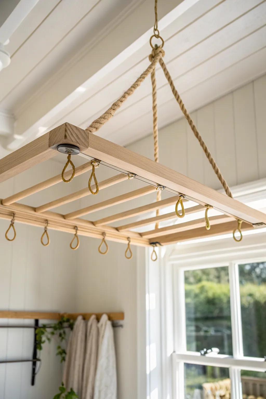 Go vertical: a ceiling-mounted wood drying rack that keeps a tiny breezeway clutter-free.