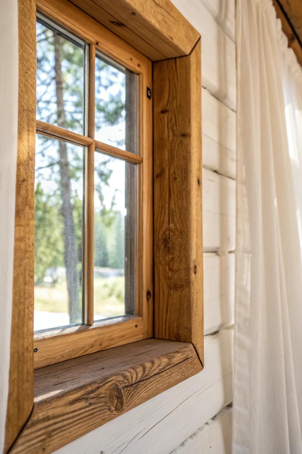 Make the view the art: chunky salvaged-wood window trim against soft light paint.