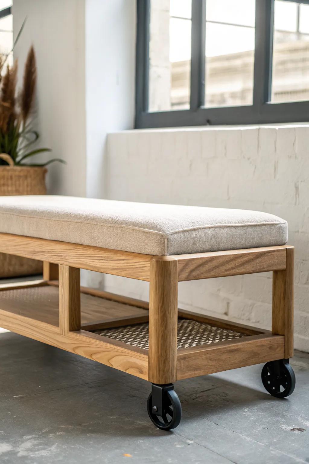Rolling oak bench on locking casters—reconfigure cafe seating in minutes, then lock it in.