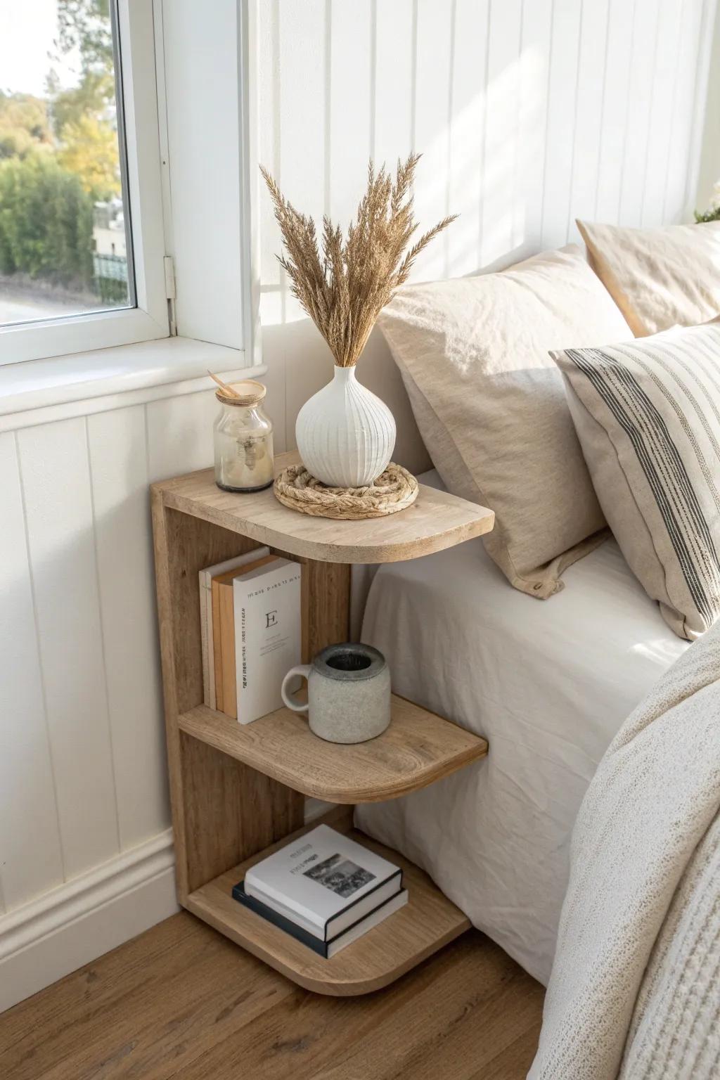 A driftwood-toned corner shelf nightstand—your tiny “sandbar” for a serene coastal sleep nook.