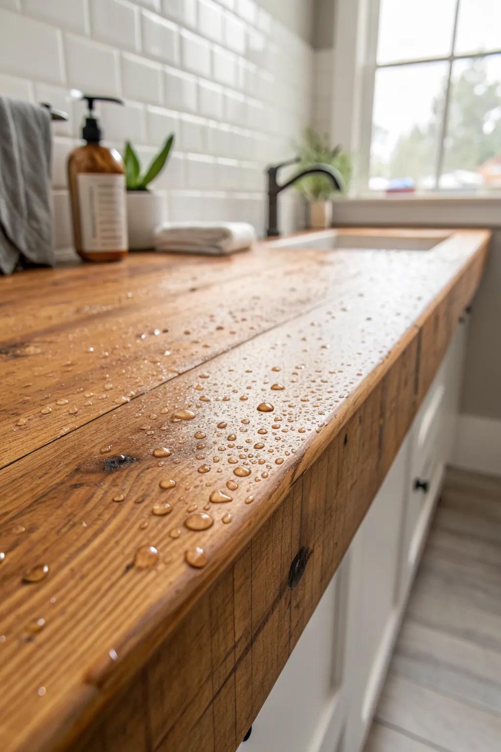 Sealed reclaimed-wood countertop: warm grain, subtle dings, and splash-ready shine in a small bath.