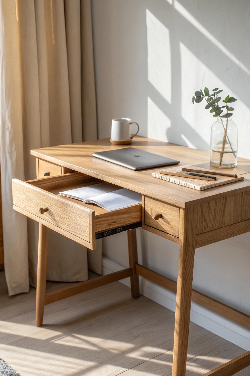 A hidden pull-out drawer desk in light oak—minimal, clever, and beautifully crafted.