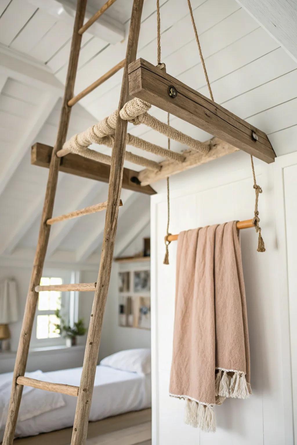 Ceiling-hung wood drying ladder keeps blankets handy while freeing floor space in a tiny farmhouse room.