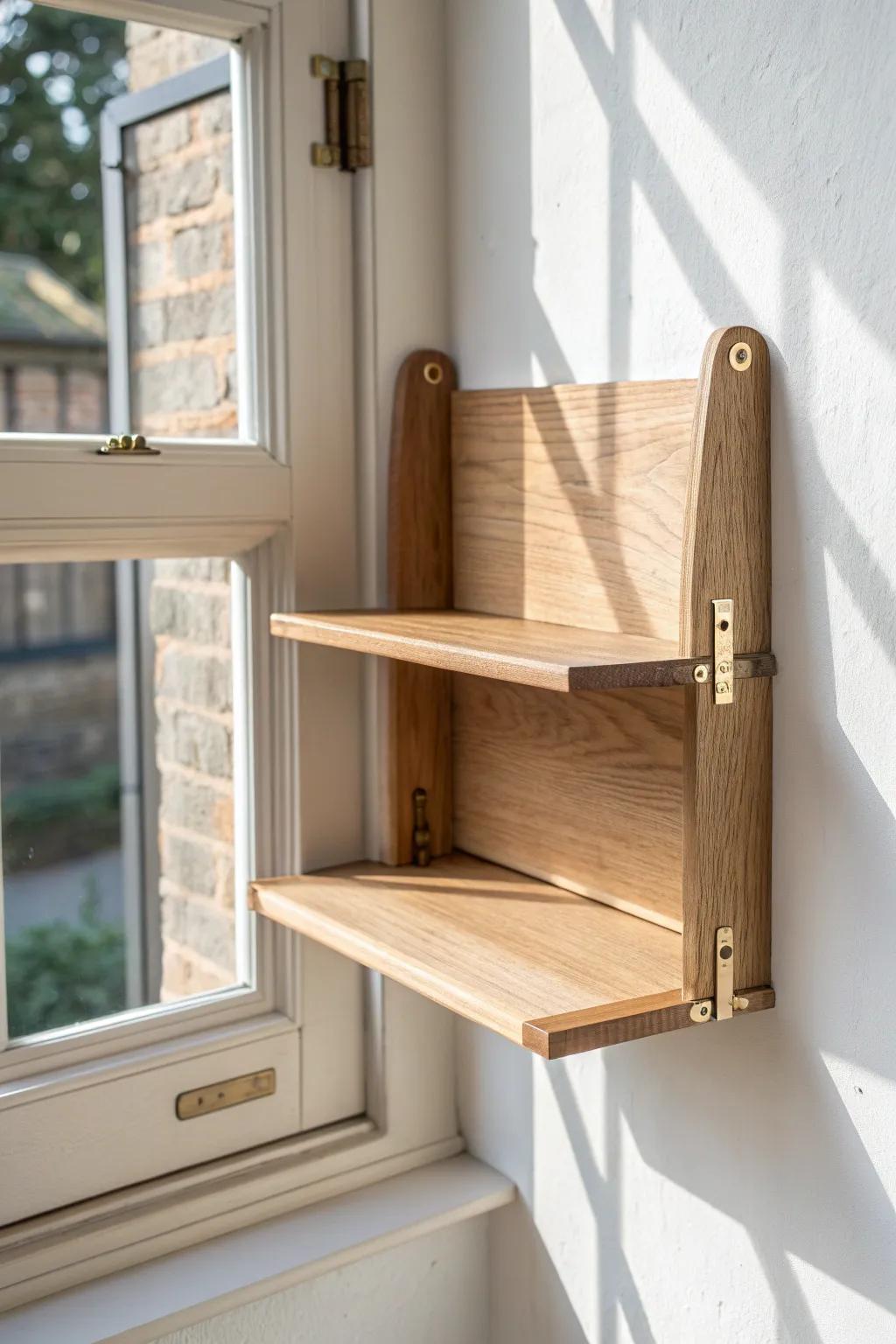 Fold-down oak wall shelf: a chic, space-saving display that folds flat when you need room.
