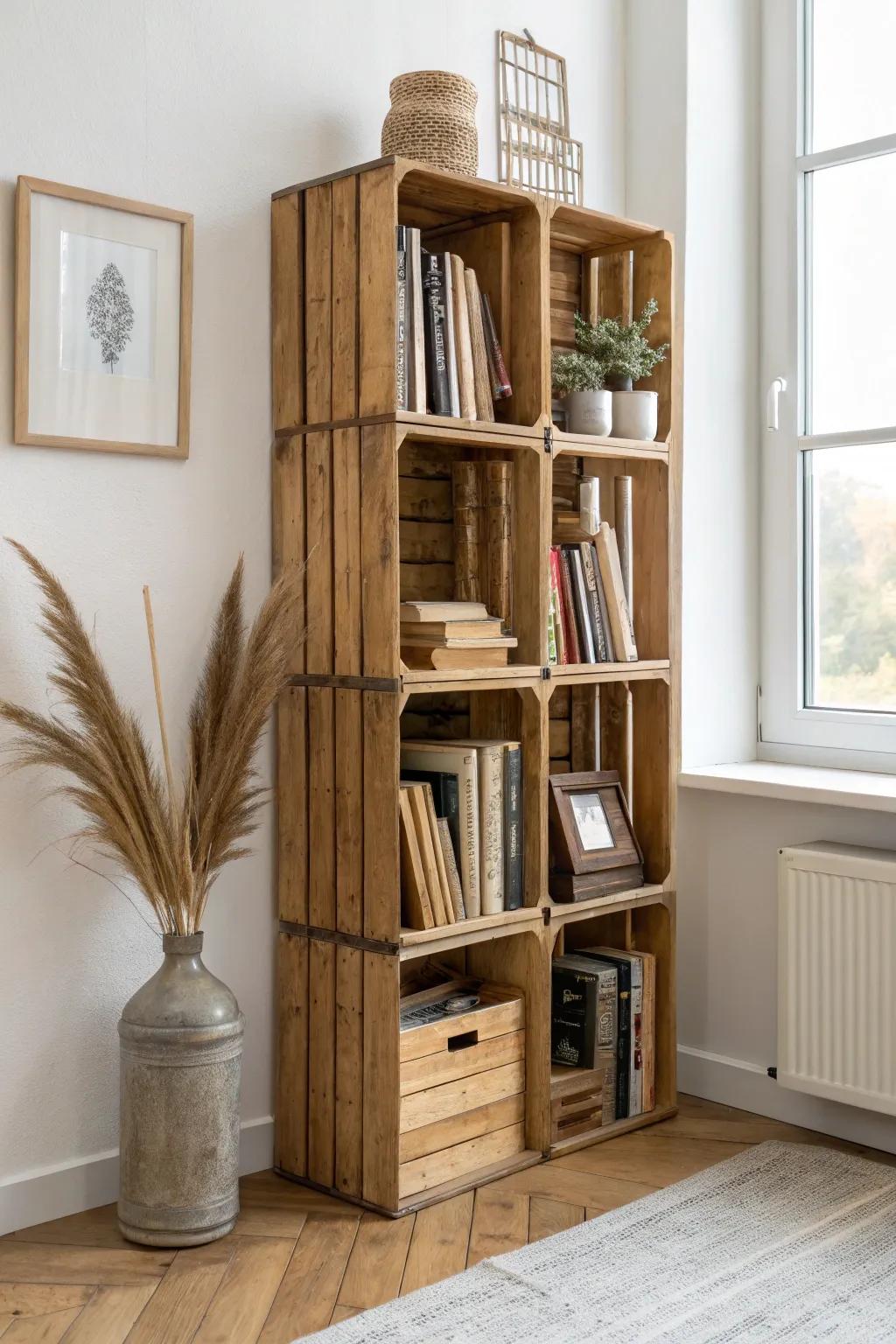 Upcycled wood crates become chic cubbies—an easy, expandable small-room library with soul.