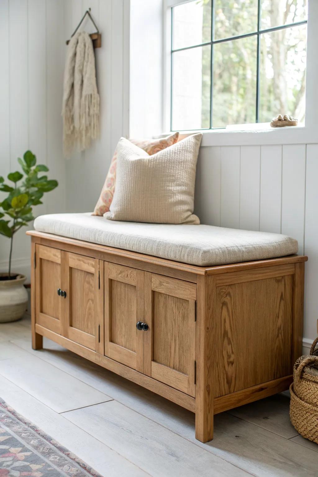 Upcycled cabinet base turned into a sleek bedroom storage bench with a cozy linen cushion.