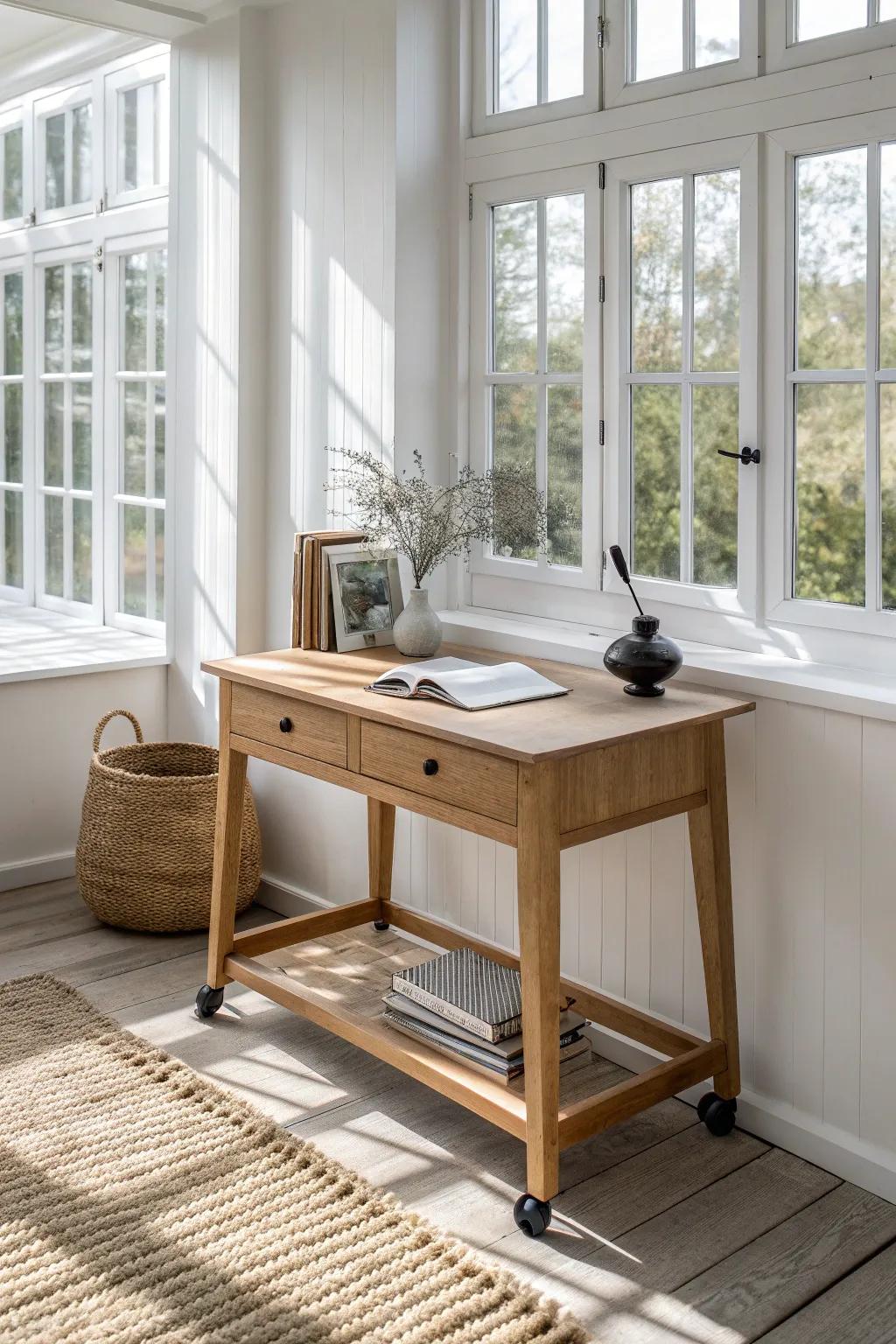 A rolling oak desk with locking casters—move with the sun, lock in for focused work.