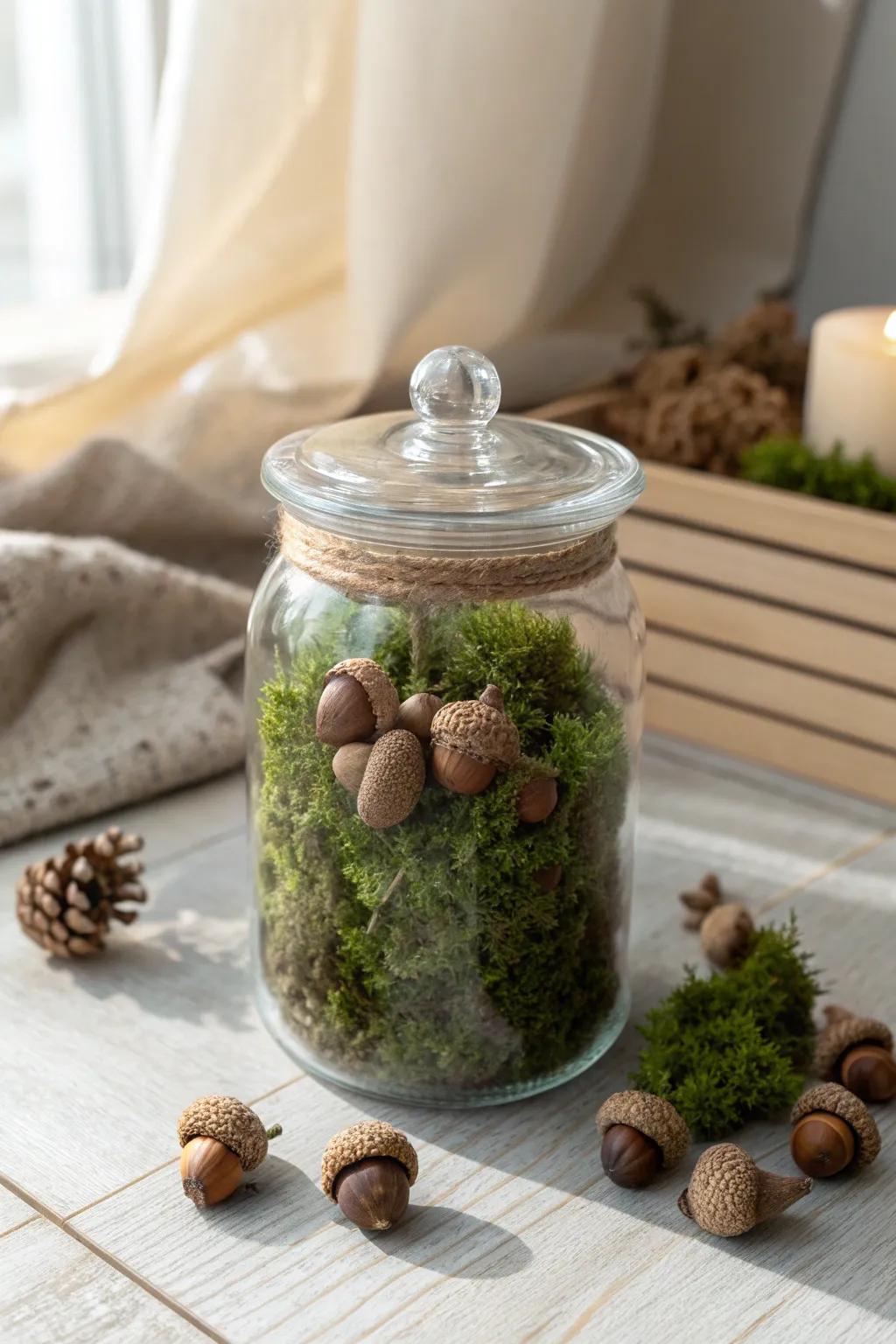 Bring a touch of woodland whimsy to your space with this enchanting moss and acorn jar.
