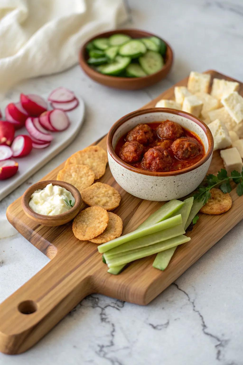 Hot-and-cold contrast snack board: routed bowl pocket with warm meatballs beside crisp veg & cheese.