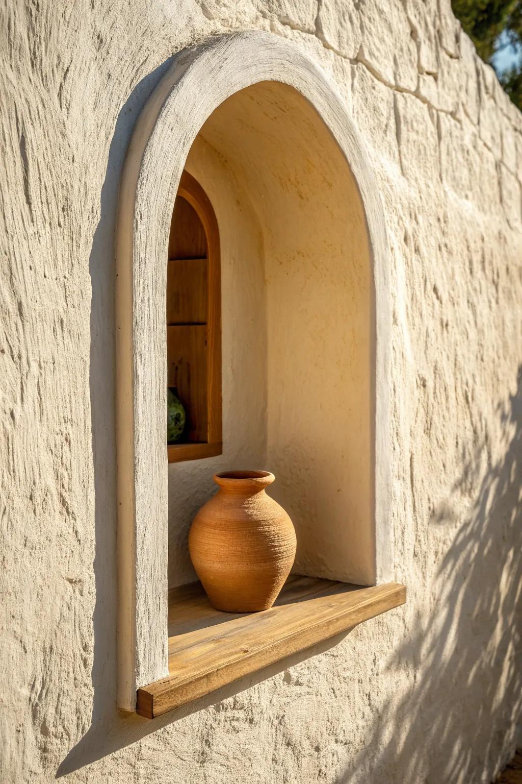 Weekend DIY mini adobe arch niche with wood trim—an easy Southwest accent for calm walls.