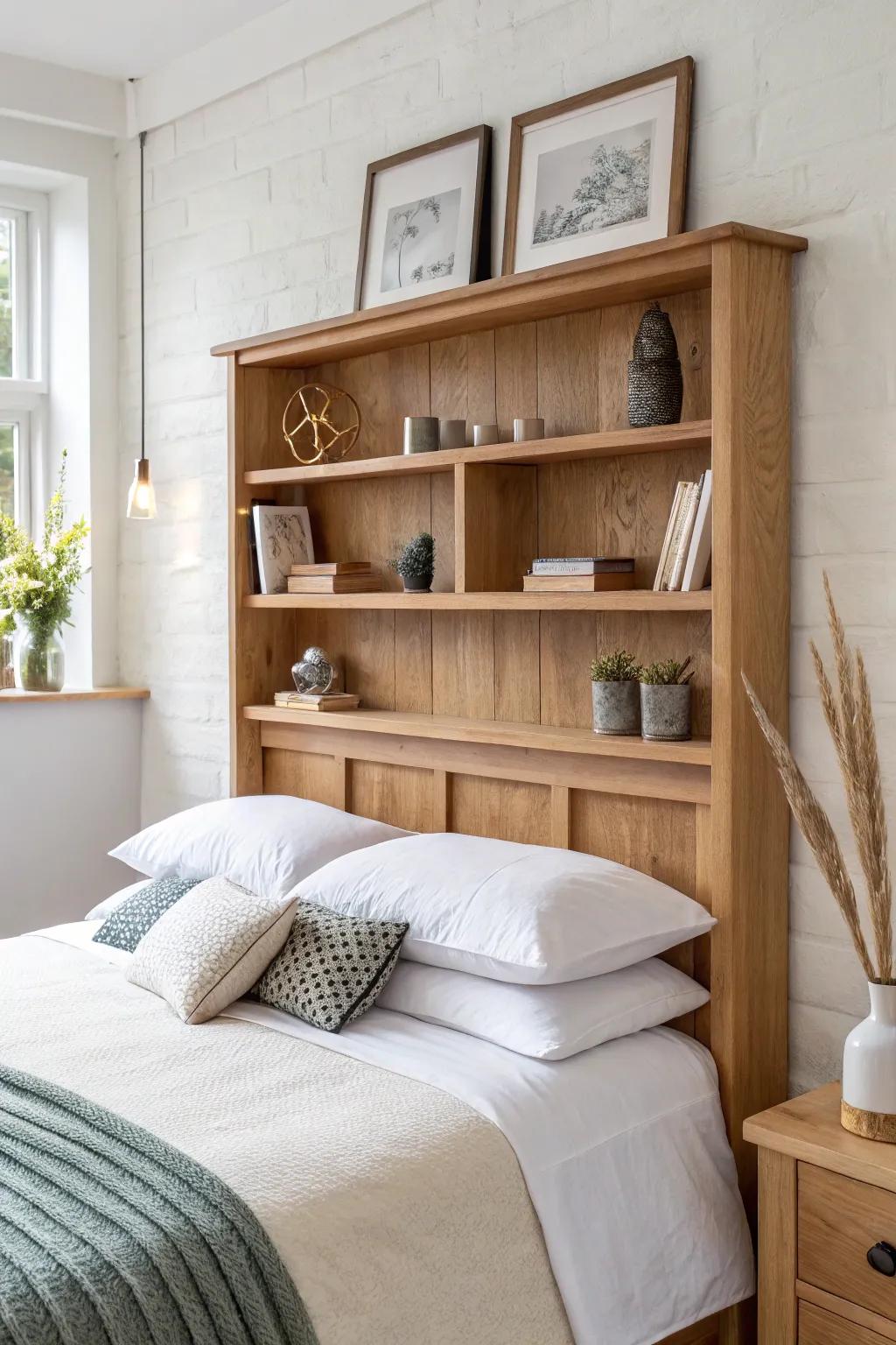 Flip-up headboard turns into a shelf wall—beautiful, space-saving function in light oak.