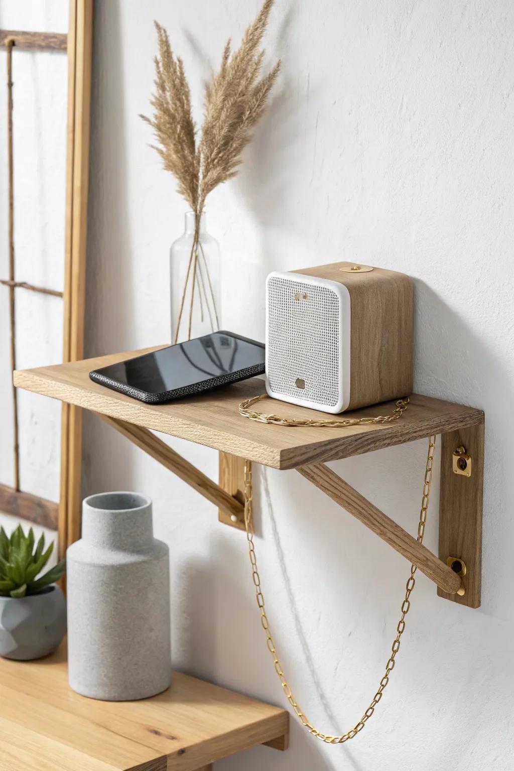 A space-saving flip-down speaker shelf—oak, brass hinges, and a chain for rock-solid listening.