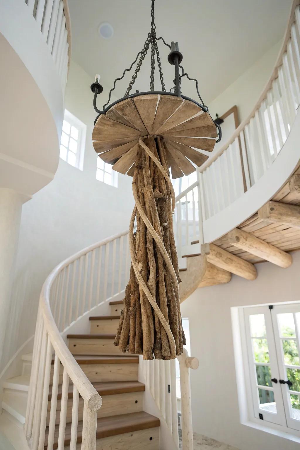 A sculptural driftwood chandelier turns a spiral staircase into rustic, minimalist drama.